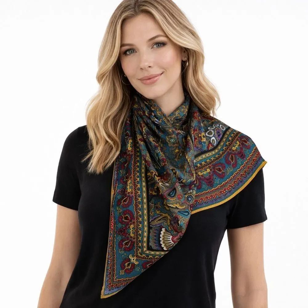 Paisley Floral Square Scarf Teal Burgundy Gold Soft Wool Cashmere Feel